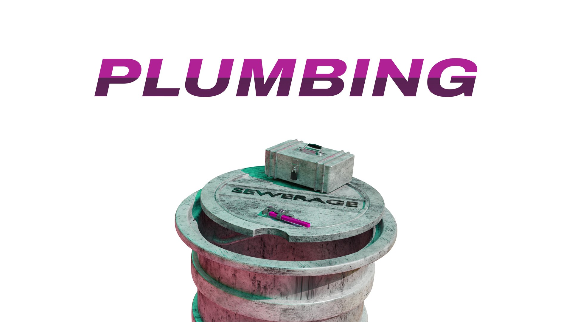 3d Plumber box repair pipe  plumbing home sewerage pipeline underground vector illustration. Technician maintenance  with toolbox and wrench on the white background typography.